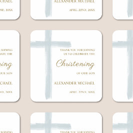 Adesivo Quadrado Simple Blue Cross Christening Baptism Thank You