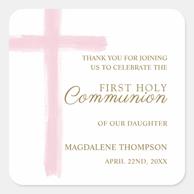 Adesivo Quadrado Simple Pink Cross First Holy Communion Thank You (Frente)