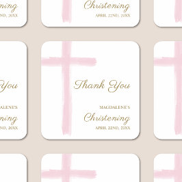 Adesivo Quadrado Simple Pink Cross Thank You Christening Baptism