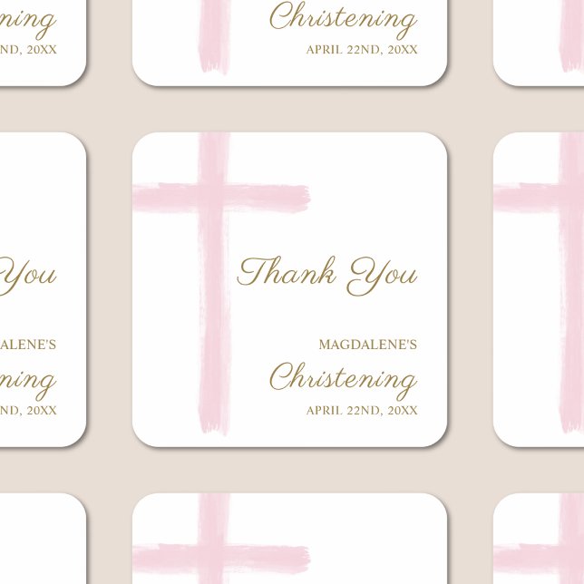 Adesivo Quadrado Simple Pink Cross Thank You Christening Baptism (Criador carregado)