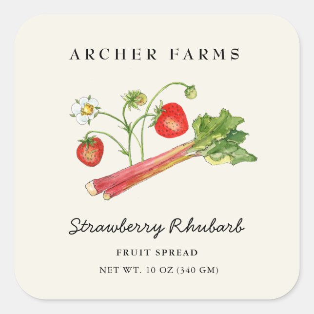 Adesivo Quadrado Simple Strawberry Rhubarb square Jam Jar Label (Frente)
