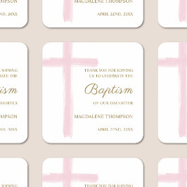 Adesivo Quadrado Simple Watercolor Pink Cross Baptism Thank You