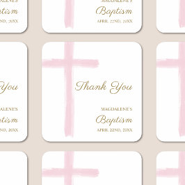 Adesivo Quadrado Simple Watercolor Pink Cross Thank You Baptism