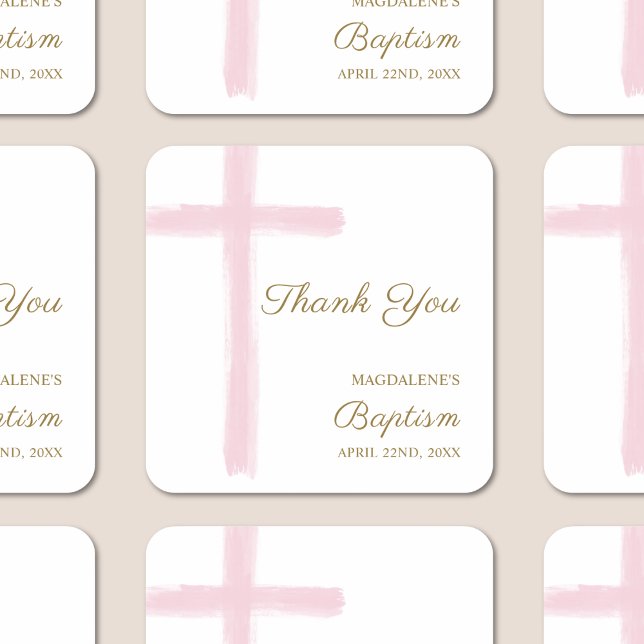 Adesivo Quadrado Simple Watercolor Pink Cross Thank You Baptism (Criador carregado)