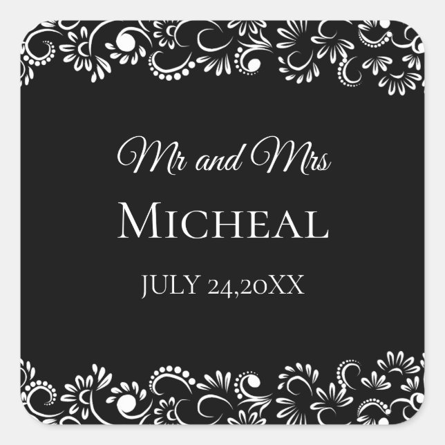 Adesivo Quadrado Simples casamento floral branco e preto elegante (Frente)