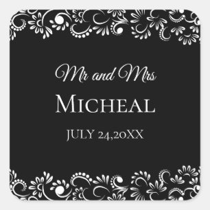 Adesivo Quadrado Simples casamento floral branco e preto elegante