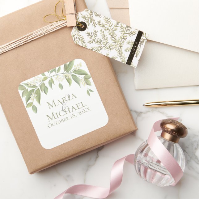Adesivo Quadrado Simples Casamento Sage Greenery Foliage Favor (Presentear)