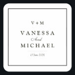 Adesivo Quadrado simples casamento único na fronteira negra<br><div class="desc">bordas pretas simples,  tema de casamento branco e preto elegante,  o texto e as cores podem ser editados.</div>