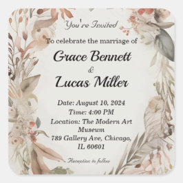 Adesivo Quadrado Simples convite para casamento floral pintado