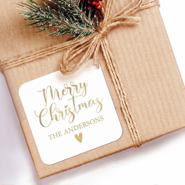 Adesivo Quadrado Simples e Dourado Script de Caligrafia de Natal (An elegant gold and white Merry Christmas sticker.)