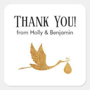 Adesivo Quadrado Simples Faux Dourada Stork Obrigado! Chá de fralda