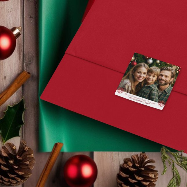 Adesivo Quadrado Simples Flocos de Neve Vermelho Clássico com uma f (Simple Classic Red Snowflakes one photo Square Sticker)