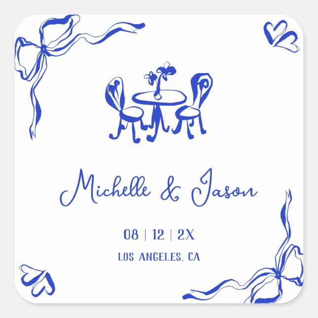 Adesivo Quadrado Simples Whimsical Quirky Blue Hand Desenhado Arco  (Frente)