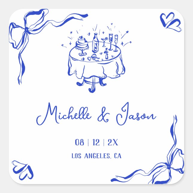 Adesivo Quadrado Simples Whimsical Quirky Blue Hand Desenhado Arco  (Frente)