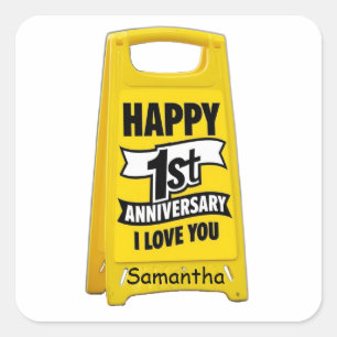 Adesivo Quadrado sinal amarelo feliz do primeiro aniversário Eu te