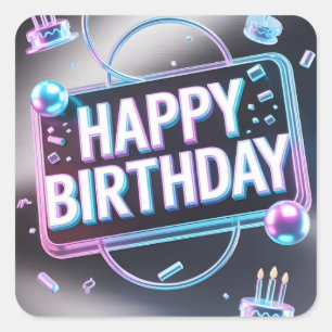 Adesivo Quadrado Sinal de Neon 3D "Feliz Aniversário" Futurista