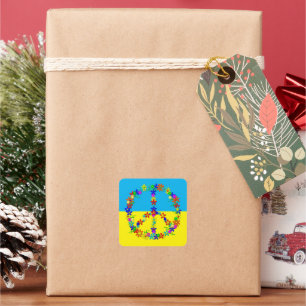 Adesivo Quadrado Sinal de paz com flores, botão de bandeira ucrain