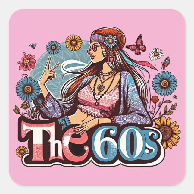 Adesivo Quadrado Sinal de paz da menina Hippie pintinho de 1960 (Frente)