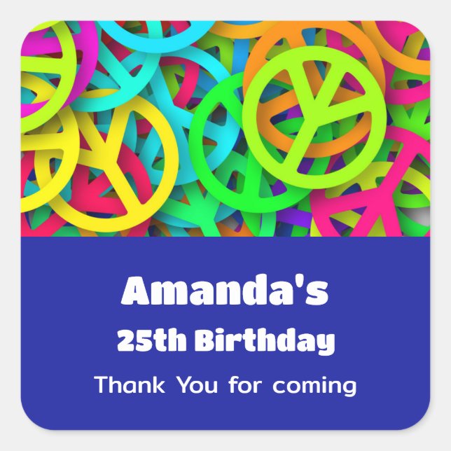 Adesivo Quadrado Sinal de Paz Groovy Sessenta Vezes Vibe Aniversári (Frente)