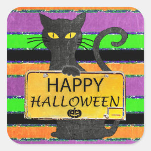 Adesivo Quadrado Sinal Rústico de Gato Negro Feliz Halloween