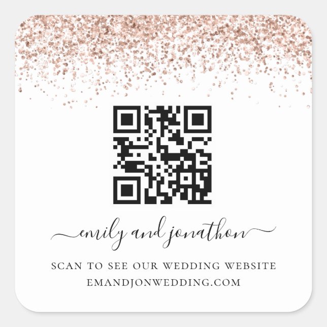 Adesivo Quadrado Site de Casamento de Código QR do Glitter Dourado  (Frente)