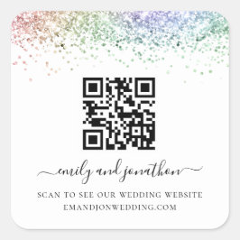 Adesivo Quadrado Site de Casamento do Código QR do Rainbow Glitter