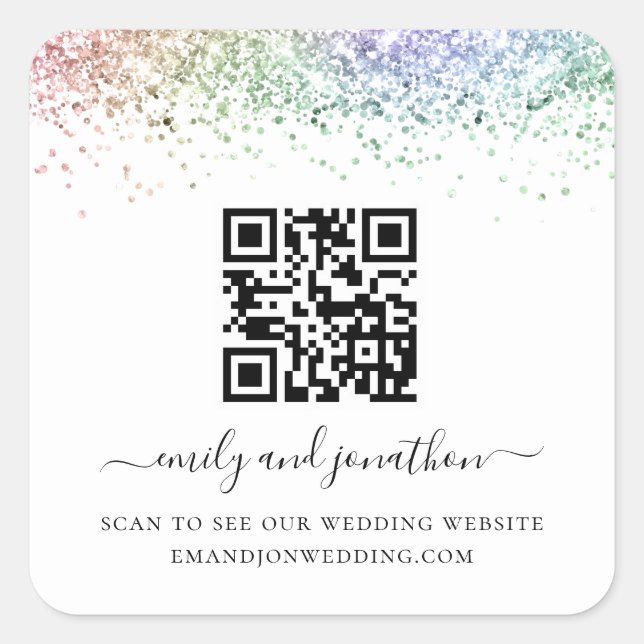Adesivo Quadrado Site de Casamento do Código QR do Rainbow Glitter (Frente)