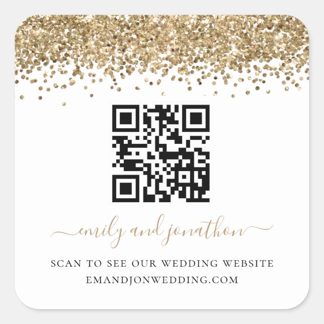 Adesivo Quadrado Site Dourado de Casamento de Código QR Glitter (Frente)