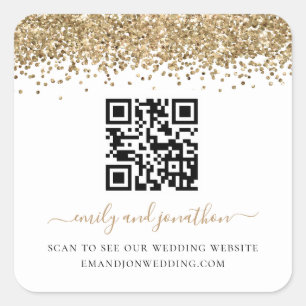 Adesivo Quadrado Site Dourado de Casamento de Código QR Glitter