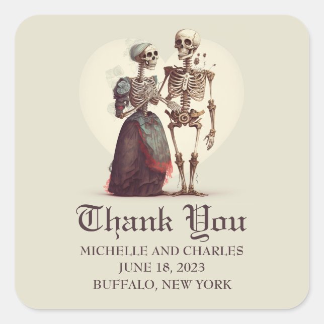 Adesivo Quadrado Skeleton Casal Weding Obrigado (Frente)