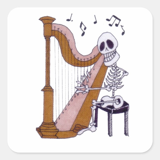 Adesivo Quadrado Skeleton Musical Skeleton Harp Player Harpist (Frente)