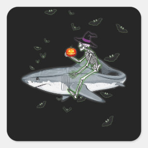Adesivo Quadrado Skeleton Riding Shark - Funny Halloween Shark Gift