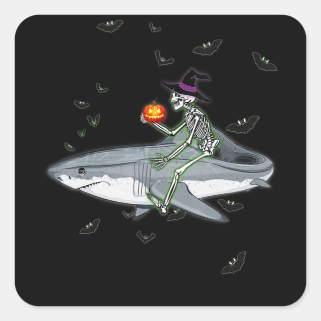 Adesivo Quadrado Skeleton Riding Shark - Funny Halloween Shark Gift (Frente)