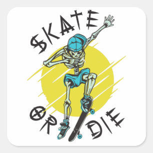 Adesivo Quadrado Skeleton Skateboarder skate ou die
