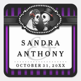 Adesivo Quadrado Skeletons de Casamento de Halloween Roxo Preto Str