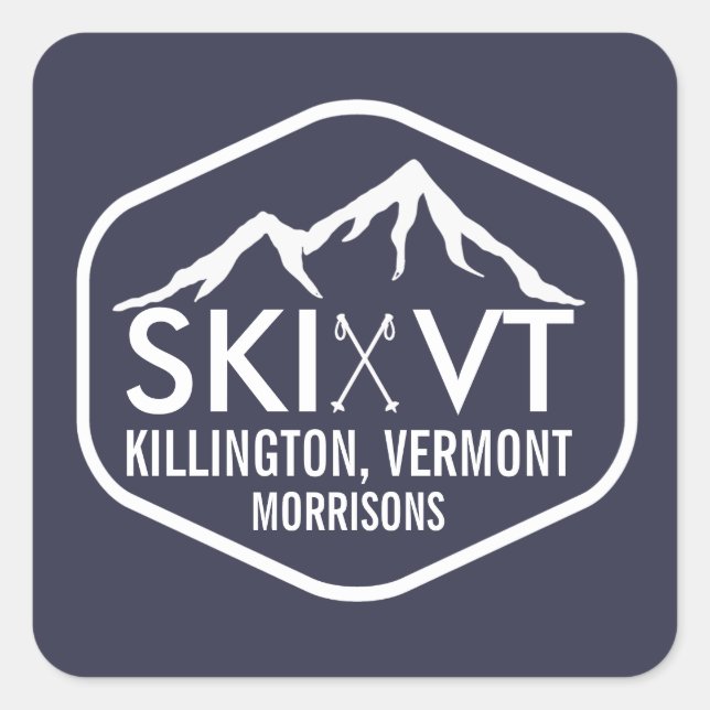 Adesivo Quadrado Ski Vermont Killington Stowe Stratton Rustic Blue (Frente)