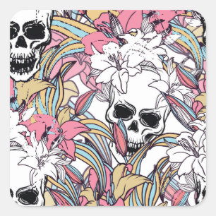 Adesivo Quadrado Skulls Lily Flowers: Boho Vintage.
