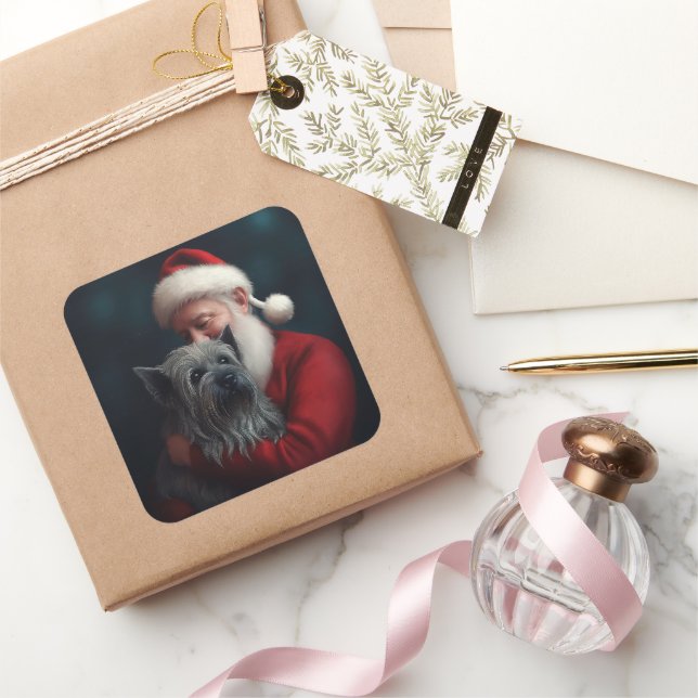 Adesivo Quadrado Skye Terrier com Papai Noel Natal Festivo (Presentear)