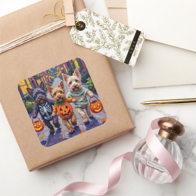 Adesivo Quadrado Skye Terrier Trick-or-Treating Halloween Costumes (Presentear)