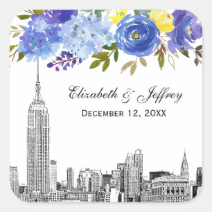 Adesivo Quadrado Skyline ESB Etch Azul Amarelo Floral Aquarela