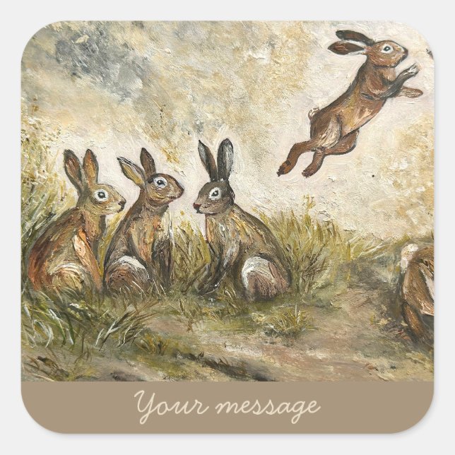 Adesivo Quadrado Skyward Fluff Meadow Hare Whimsical Rabbit Family  (Frente)