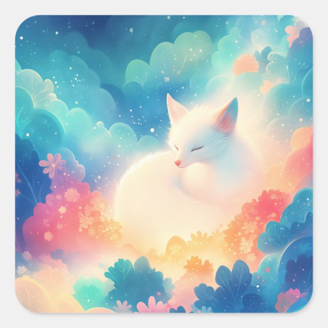 Adesivo Quadrado Sleeping Arctic Fox in Magical Pastel Cloud (Frente)