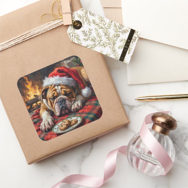 Adesivo Quadrado Sleepy Bulldog Dog Fast Asleep Santa Hat Christmas (Presentear)