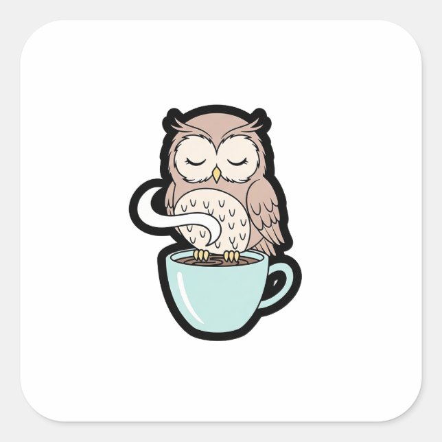 Adesivo Quadrado Sleepy Owl on Coffee – Cute Cozy Illustration (Frente)