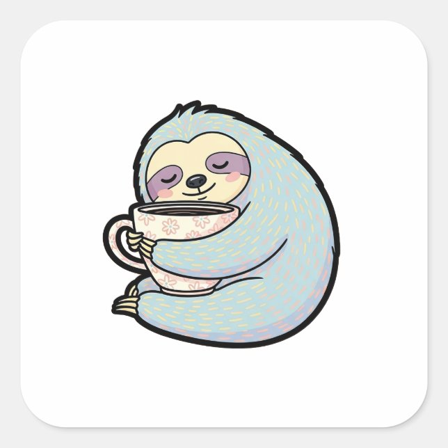 Adesivo Quadrado Sleepy Sloth with Coffee – Cute Cozy Illustration (Frente)