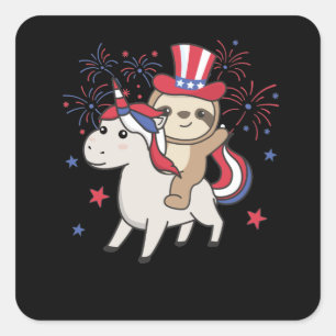 Adesivo Quadrado Sloth Com Unicorn Em 4 De Julho De Fogos De Artif