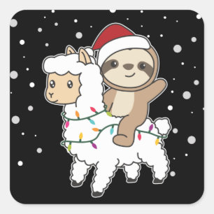 Adesivo Quadrado Sloth Lama Christmas Snow Winter Animals Square St