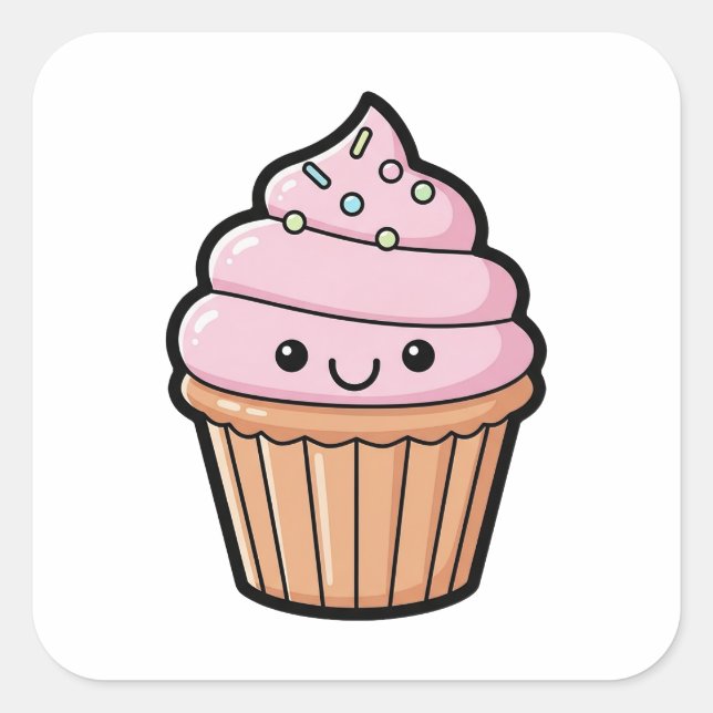 Adesivo Quadrado Smiling Cupcake – Cute Kawaii Illustration (Frente)