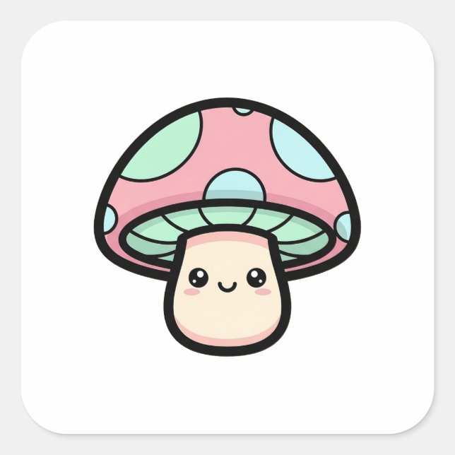 Adesivo Quadrado Smiling Mushroom – Cute Kawaii Illustration (Frente)