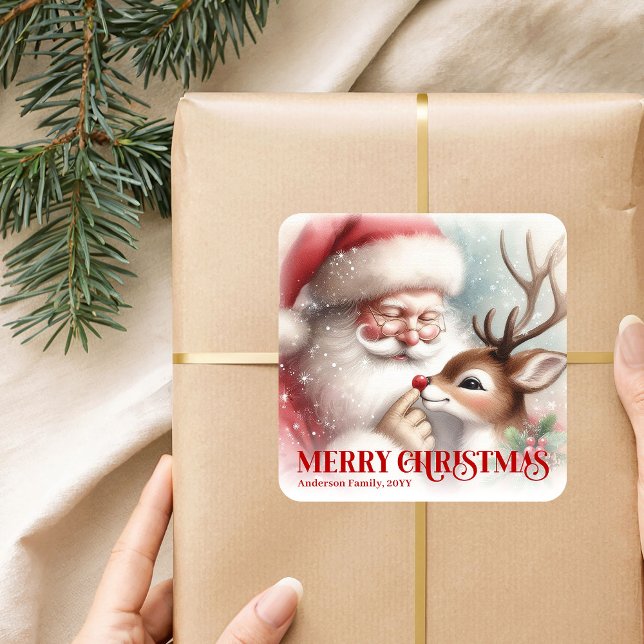 Adesivo Quadrado Smiling Santa Rudolph Personalized Holiday Kids  (Smiling Santa Rudolph Personalized Holiday Kids Sticker)